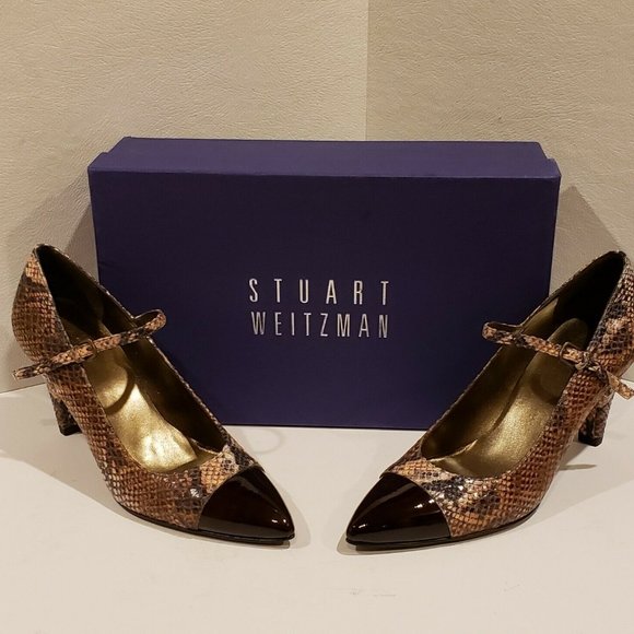 Stuart Weitzman Capantibe Embossed Snakeskin Pumps Patent Leather Toe Cap - Picture 1 of 8